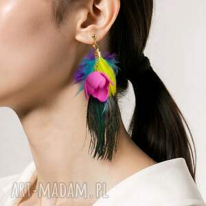 klipsy pawie pióra i kwiaty róże etno, boho, folk, slub