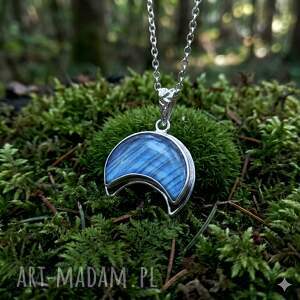 błękitna lunula, księżyc labradoryt, srebro, naszyjnik