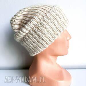 czapka wywijana zrobiona ręcznie na drutach kiara 100 alpaka 100 ecru (czapka zimowa)