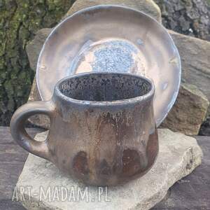 Kubek garnuszek spodek, ceramika, talerz, stare złoto, glina