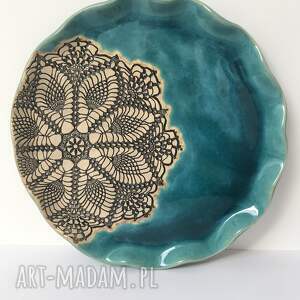 dekoracje koronkowa patera z turkusem, talerz ceramiczny unikatowy