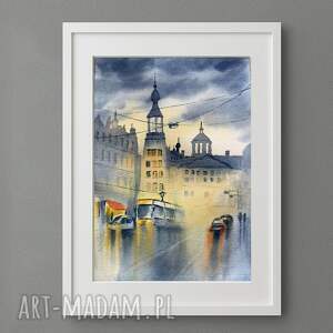 akwarela - amsterdam w deszczu, miasto architektura, atmosfera