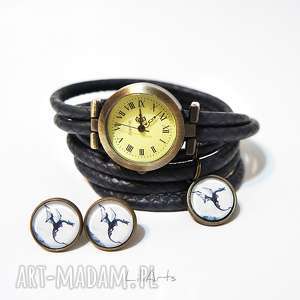 handmade zegarki komplet - czarny smok - zegarek i kolczyki - antyczny brąz