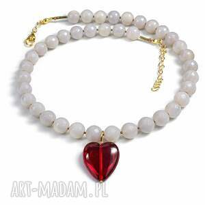 Naszyjnik Agat Szary Z Czerwonym Sercem, serduszkiem