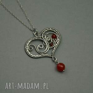 wisiorek serce karneol czerwony wire wrapping, prezent dla niej