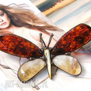 broszka i wisior motyl bursztynowy z miodowym cytrynem, naturalne kamienie