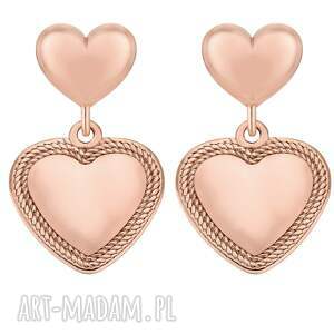 kolczyki podwójne serca z różowego złota, sercami, serduszkami