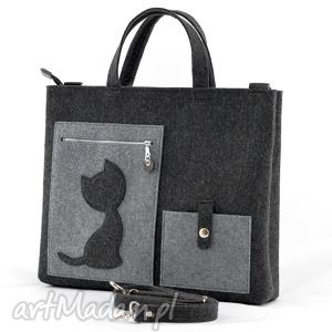 handmade na ramię duża torba do ręki i na ramię - filcowa z kotem