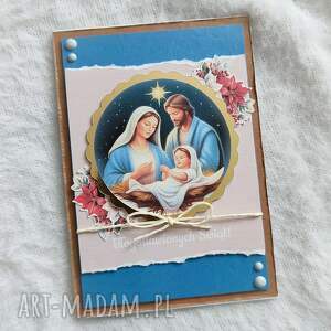 kartka świąteczna ze świętą rodziną - niebieska szopka, boże