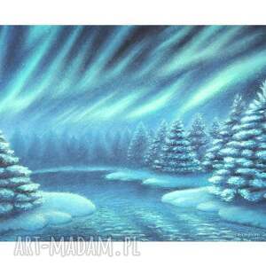 obraz ręcznie malowany zorzowa noc - format A3, pejzaż nocny krajobraz zimowy