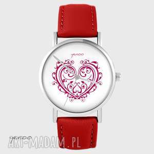 handmade zegarki zegarek - serce ornamentowe czerwony, skórzany