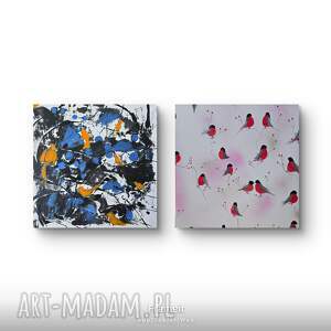 kompozycja ptaszarnia, obrazy niebieskie, obraz ptaki recznie malowane