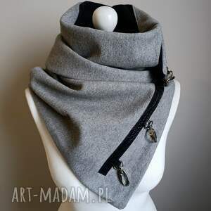 szal wełniany szary z czarną skórą - krokodyl elegancki szalik, ciepły szalik