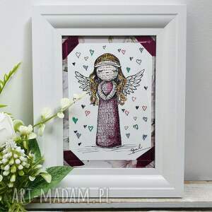 dekoracje kolorowy anioł rysunek piórkiem w białej ramce na prezent