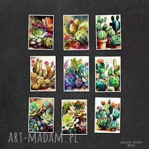 kaktusy i sukulenty w akwareli - zestaw 9 grafik w rozmiarze 13x18 cm