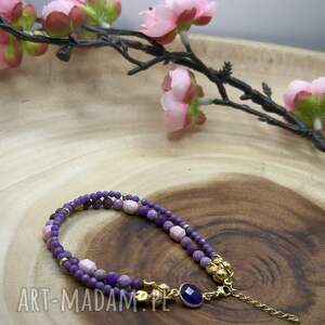 Podwójna bransoletka z fosfosyderytem, muszlą i jadeitem srebro 925 w złotym, fosfosyderyt, czakra korony jadeit