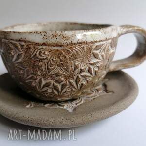 komplet biała mandala 1, ceramika rękodzieło filiżanka do kawy, pomysł