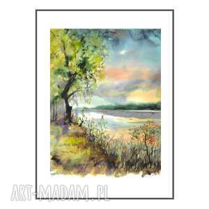 Akwarela „Cisza” - ręcznie malowany pejzaż jeziora 30 x 40 cm w art-Madam.pl
