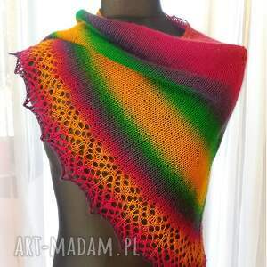 Chusta tęcza - merino, moherowa z koronką, wyjątkowa, mgiełka na drutach
