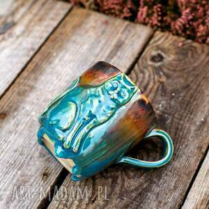 handmade kubki handmade ceramiczny duży kubek z kotem - rdzawy turkus - 320 ml /
