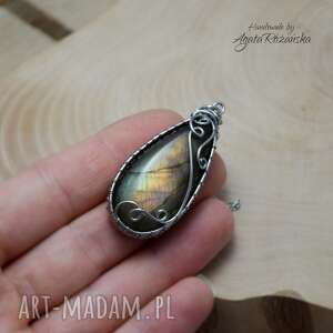 handmade wisiorki wisiorek z labradorytem, wisior, wire wrapping, stal chirurgiczna