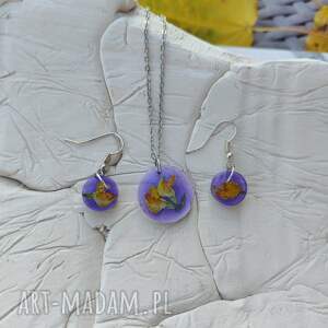 komplet biżuterii z żywicy - kolczyki i wisiorek lawendowy blask, prezent