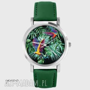 handmade zegarki zegarek papugi, tropikalny skórzany, ciemno zielony, palmy