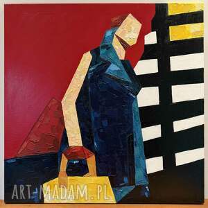 Żółta torebka II, kobieta, technika akrylowa, płótno, abstrakcja