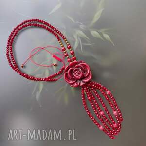 naszyjnik czerwona róża retro, unikatowa biżuteria koral kolorowa