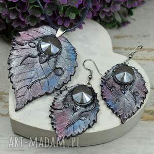jesienny komplet biżuterii z kryształami w odcieniach srebra, biżuteria liście