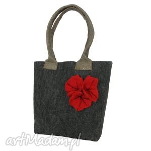 handmade na ramię torba filcowa z broszką - czerwone maki