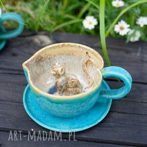 ręczne wykonanie ceramika filiżanka z kotem - nakrapiane turkusowe serce - rękodzieło