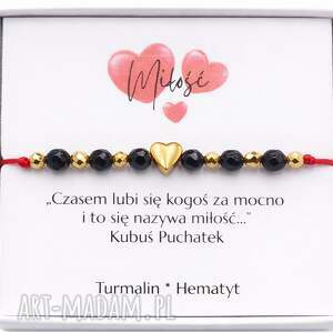 czerwona bransoletka sznurkowa turmalin hematyt złota serce walentynki, dzień