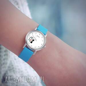 ręcznie zrobione zegarki zegarek mały kotek, serce silikonowy, niebieski