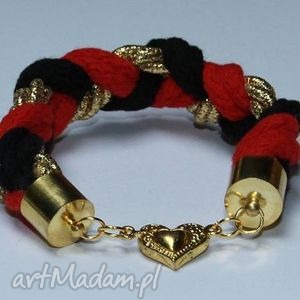 czerwono -czarno złota brnsoletka ze sznurków, warkocz, sznurek, prezent