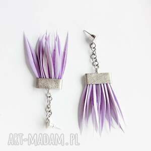 Kolczyki Piórko ze srebra 925, zmatowiona alpaka i naturalnie barwione pióra - fioletowe handmade
