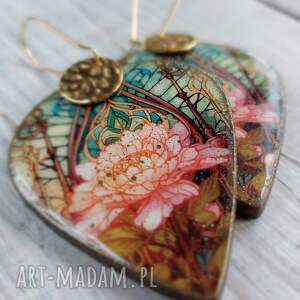 kolczyki decoupage, orientalne, złoto, lotos, stal chirurgiczna kwiaty