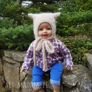 czapka bonetka beżowy kotek 36/38 alpaka/merynos dla noworodka, wyprawka