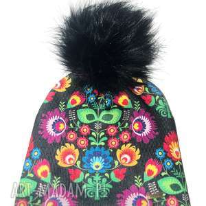 czapka beanie pompon z futra folk, kwiaty, prezent, jenot