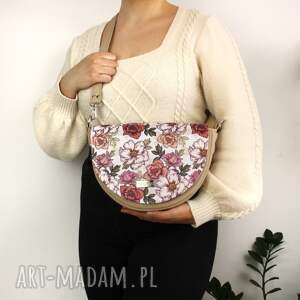 handmade na ramię torebka damska erin beżowa z klapką w kwiaty vintage