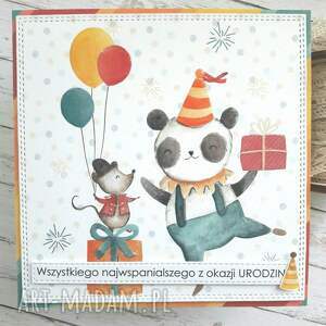 wesoła kartka urodzinowa z pandą i myszką na urodziny, urodziny