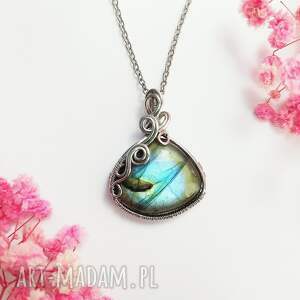 Naszyjnik z niebieskim labradorytem ze stali chirurgicznej - wire wrapping, regulowana długość