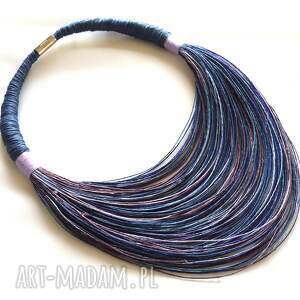 fioletowo - niebieski naszyjnik sznurkowy, masajka, boho, lniana bizuteria