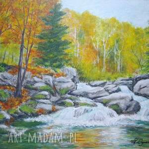 obraz ręcznie malowany akrylowy październikowy potok - 30x40cm, drzewa w lesie