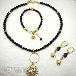 komplet z turmalinem i onyksem azteckie słońce, srebro 925 w złotym pokryciu