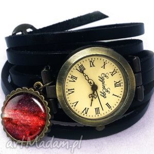 ręcznie wykonane zegarki czerwona nebula - zegarek/bransoletka na skórzanym