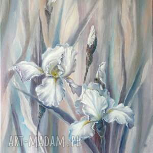 białe irysy, ręcznie malowany obraz olejny, l olbrycht kwiaty sztuka