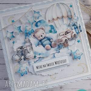 Kartka z okazji narodzin chłopca z misiem, personalizacja