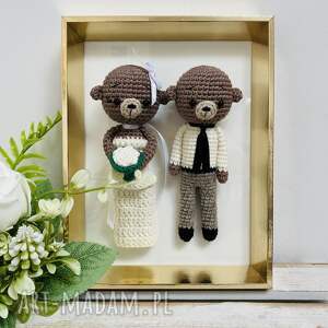 młoda para misie w złotej ramce ręcznie robione prezent ślubny obraz