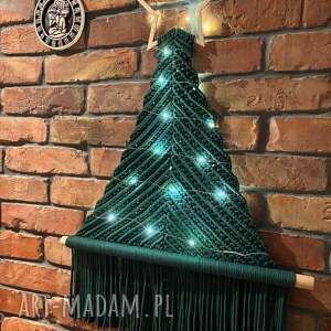 duża makrama choinka na ścianę - butelkowa zieleń boho z makramy